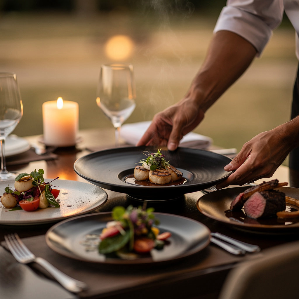 BLACKBIRD restaurant in Santa Barbara presents an elegant dining table setting with seasonal dishes from the new menu